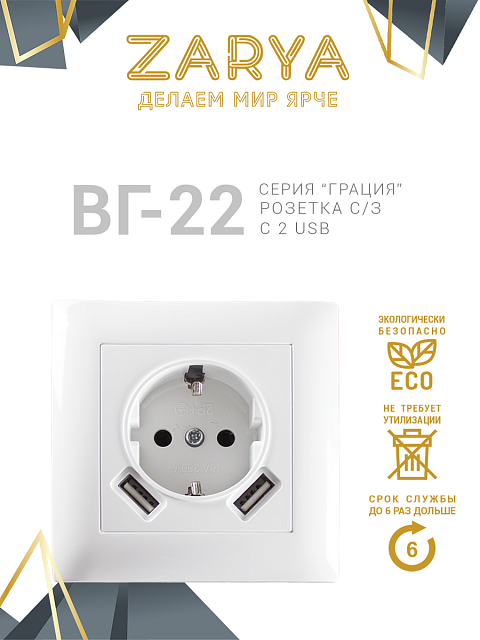 Розетка Заря — ВГ-22 одинарная с/з, 2USB разъема «Заря»
